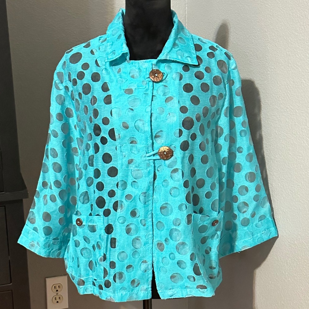 Nouveau Monde Jacket Medium Turquoise Polka Dot Linen Blend Jacket Artsy Boho